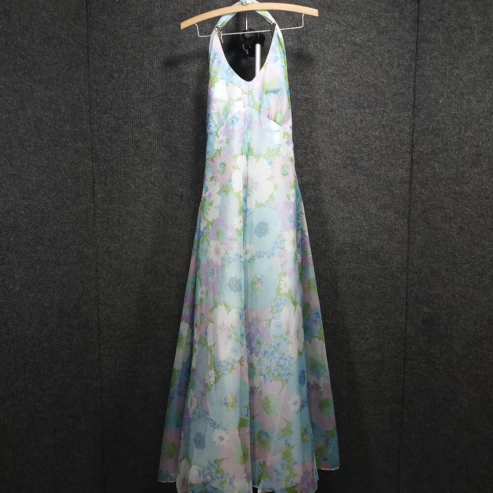 1950's Vintage Purple and Green Floral Halter Dress with Matching Crinoline